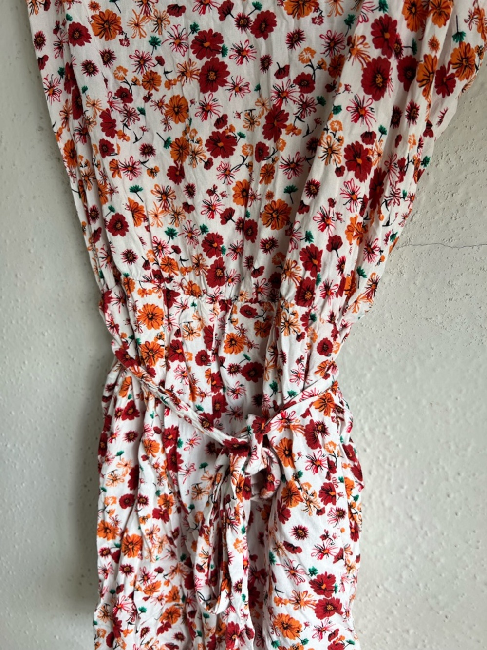 Floral Spaghetti Strap Romper in White with Red & Orange Flowers - Picture 3 of 4